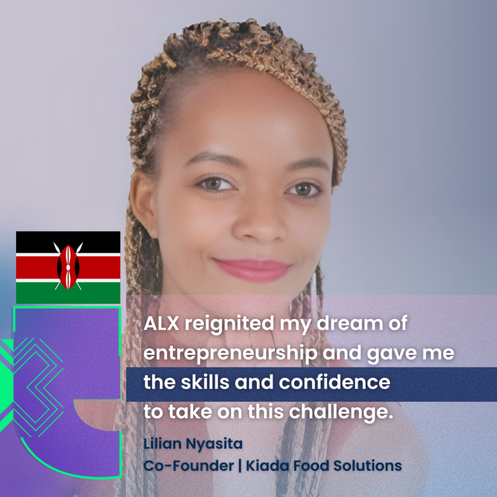 A woman smiling with text that says "ALX reignited my dream of entrepreneurship and gave me the skills and confidence to take on this challenge"