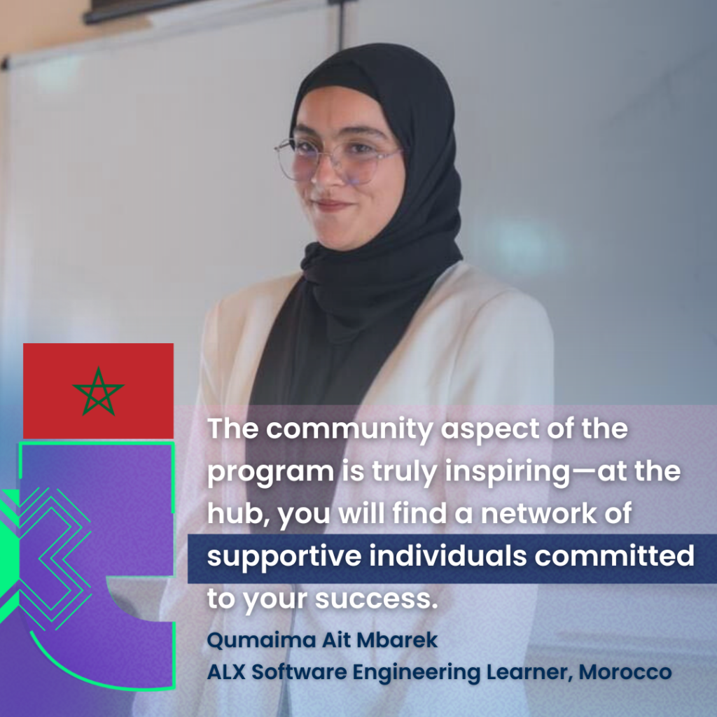 A woman in a hijab smiling with text that says "The community aspect of the program is truly inspiring -- at the hub, you will find a network of supportive individuals commited to your success"