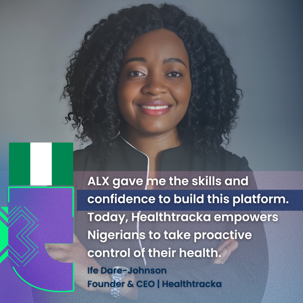 A woman smiling with the text "ALX gave me the skills and confidence to build this platform. Today, Healthtracka empowers Nigerians to take proactive control of their health."