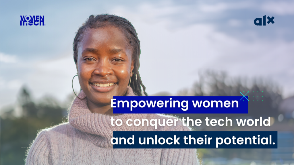 Woman smiling with text in front of her that says "empowering women to conquer the tech world and unlock their potential."