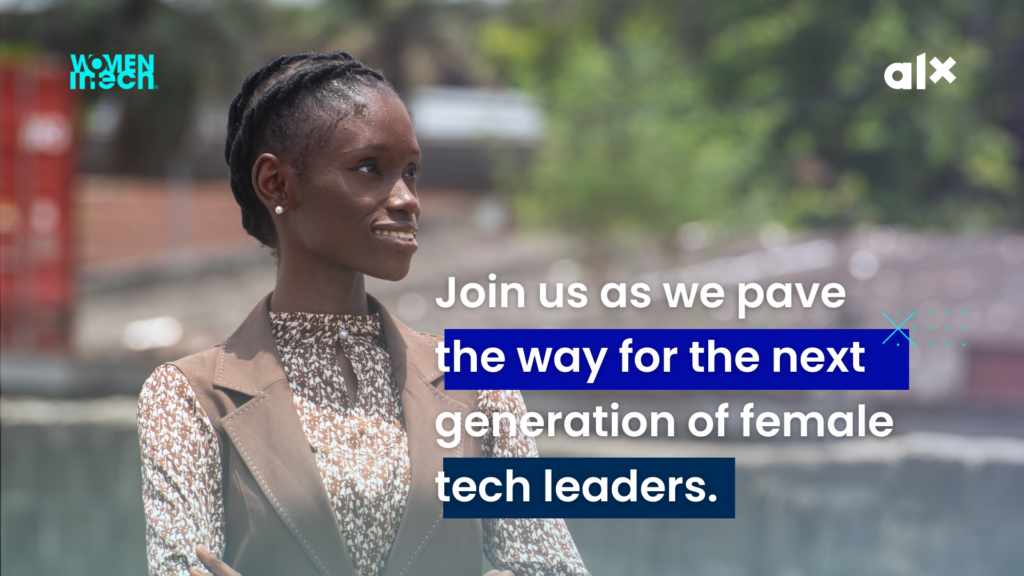 A woman smiling and looking to her left with text that says "Join us as we pave the way for the next generation of female tech leaders."